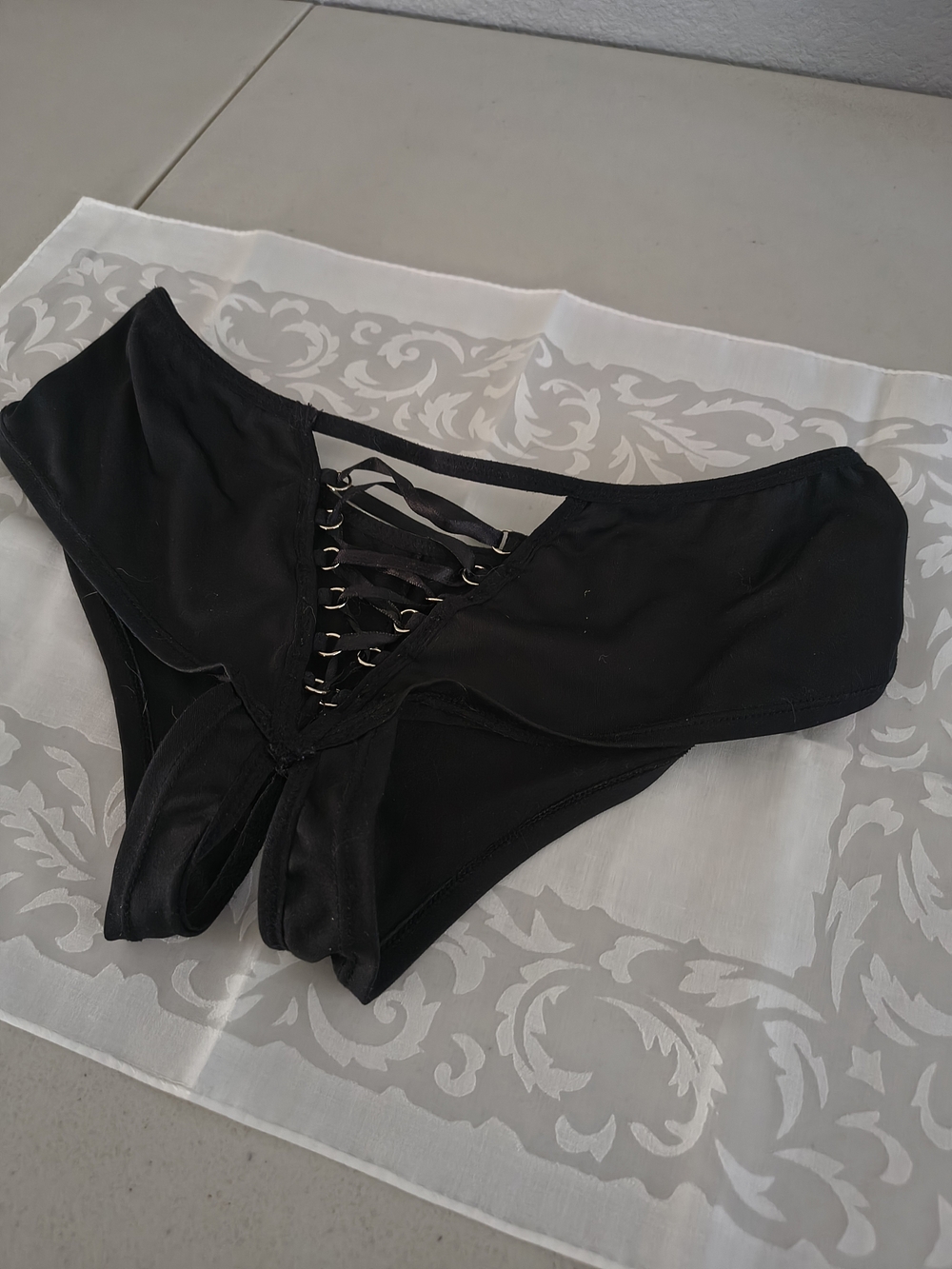 Retro Black Lace Up Crotchless Panty Gothic Vamp Dark Academia Fetish Wear